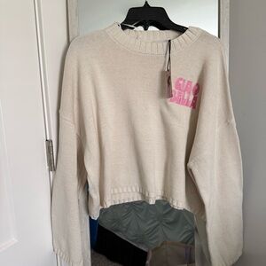 Sincerly Jules Cream Cropped Sweater with Pink Logo